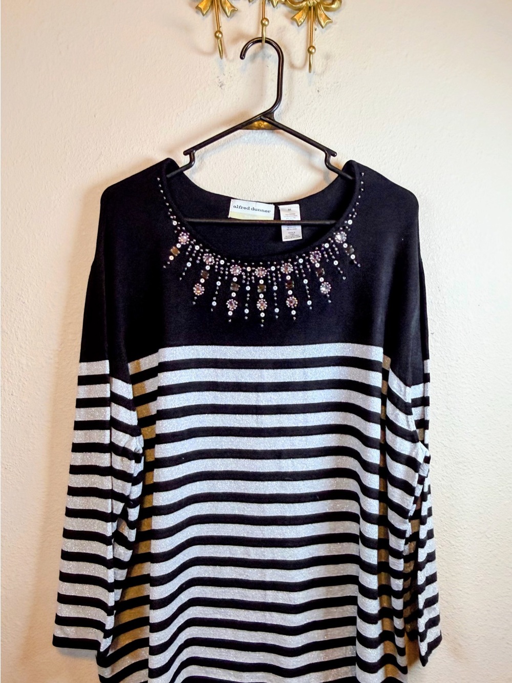 Alfred Dunner Black and Silver Striped, Collar Embellished Long Sleeve Top. 3X